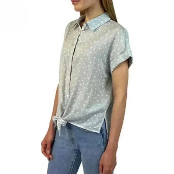 ❤️ NWT Jachs Girlfriend Short Sleeved Linen Blend Blouse Large Polka-dot Top - Picture 13 of 13